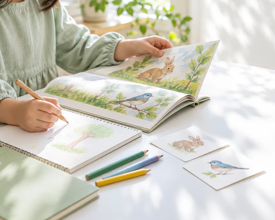 家庭で絵本を開き、ノートに書きながら絵カードにも触れる子どもの手元